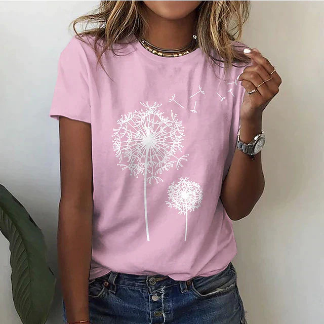 T-shirt Femme - Col Rond - Manches Courtes - Coupe Confort - Motif Pissenlit Graphique