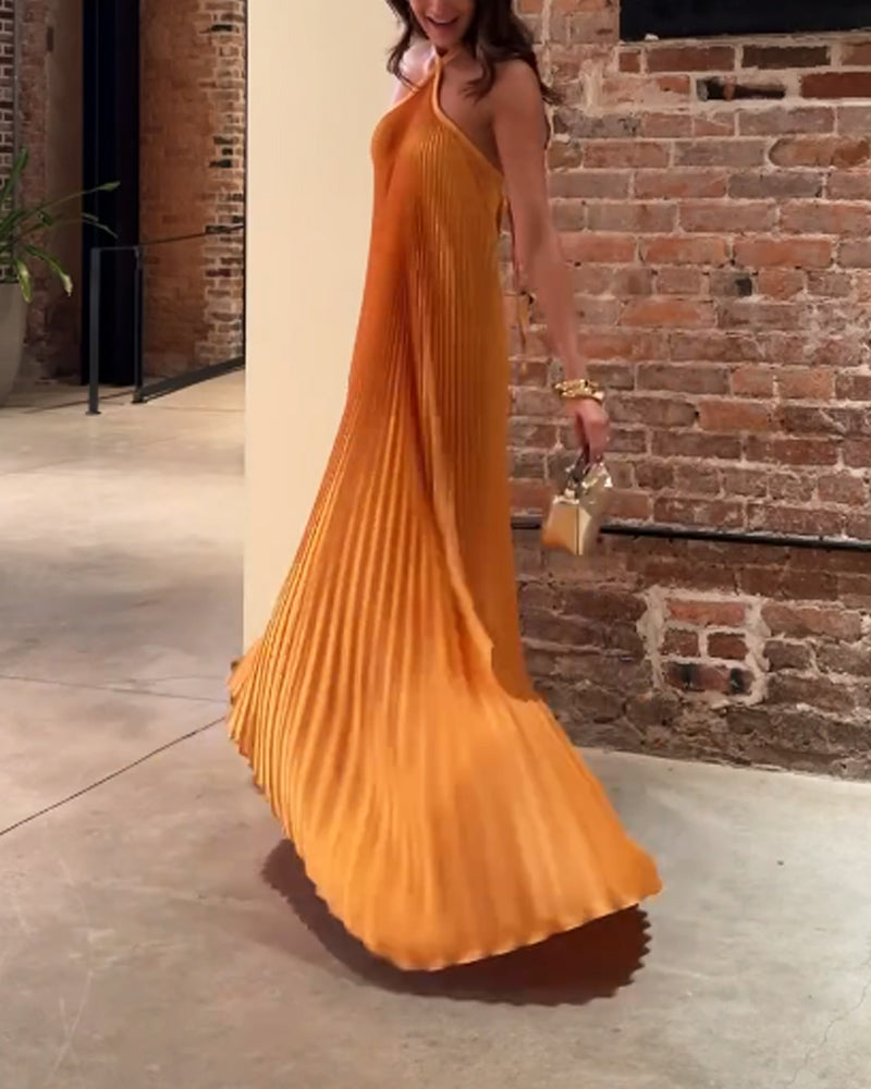 Robe Maxi Femme - Décolleté Halter Croisé - Tissu Plissé Élégant - Tenue de Soirée