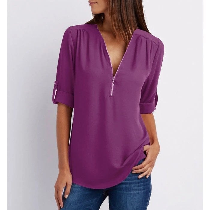 Blouse femme – Coupe décontractée – Tissu respirant – Demi-zip – Manches 3/4 retroussables