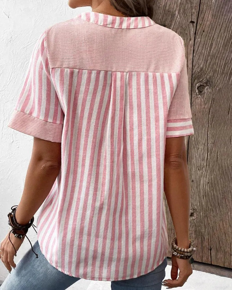 Blouse Femme - Coton Léger - Col Rond V Fendu - Manches Courtes - Style Décontracté