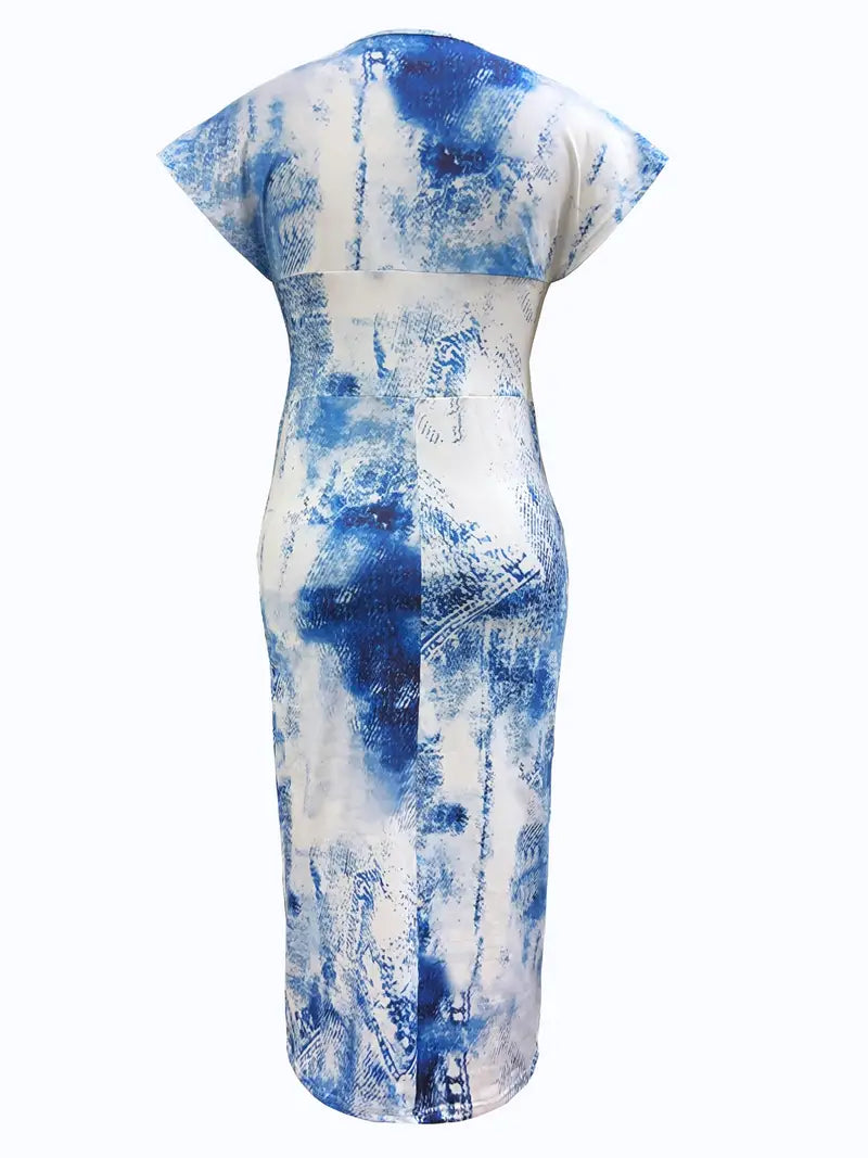 Robe Midi Femme - Cintrée Patchwork Denim - Manches Courtes Col V Chic