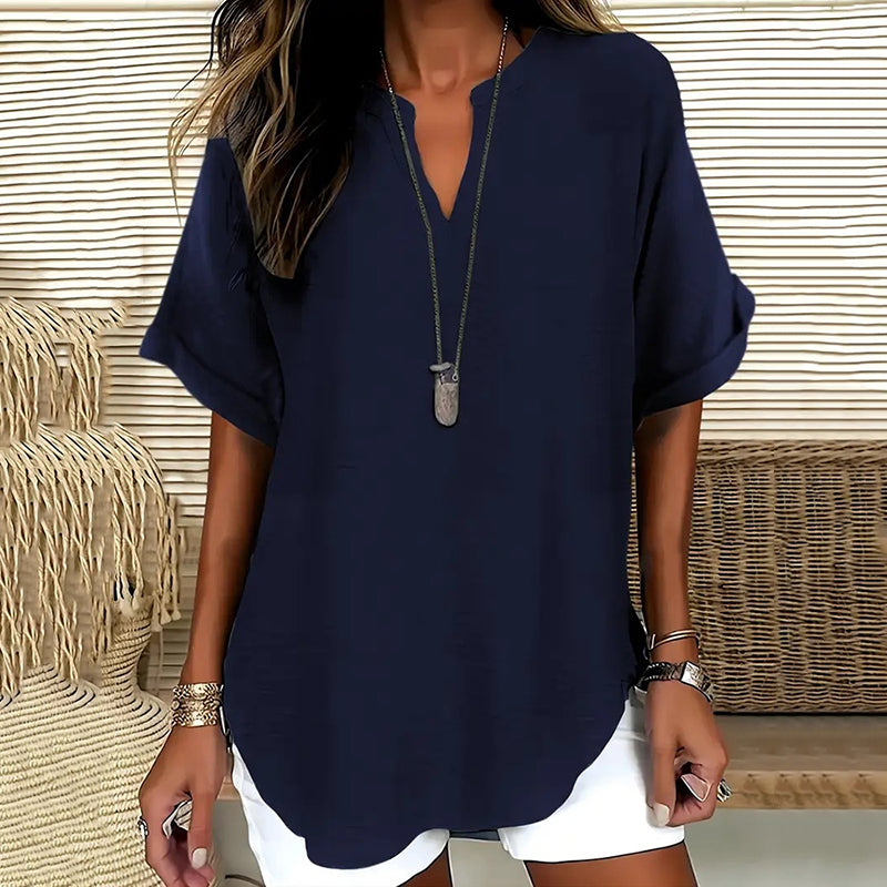 Blouse femme – Coupe décontractée – Manches courtes – Col en V – Fibres naturelles