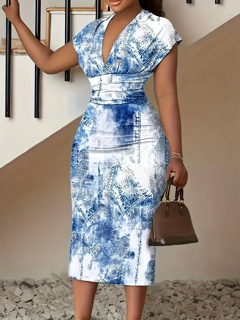 Robe Midi Femme - Cintrée Patchwork Denim - Manches Courtes Col V Chic