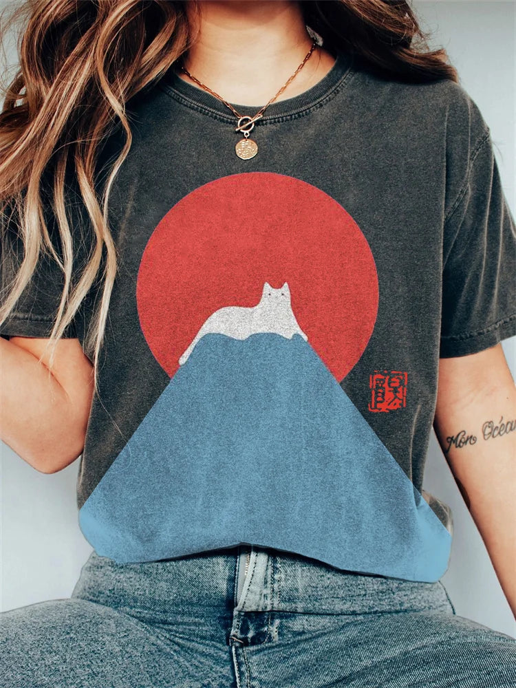 T-shirt Femme - Col Rond - Manches Courtes - Coupe Ample - Motif Chat Graphique