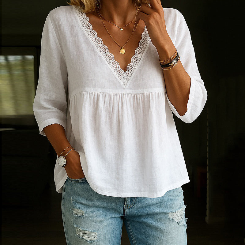 T-shirt femme col V – Fibres naturelles – Coupe décontractée – Manches 3/4 dentelle