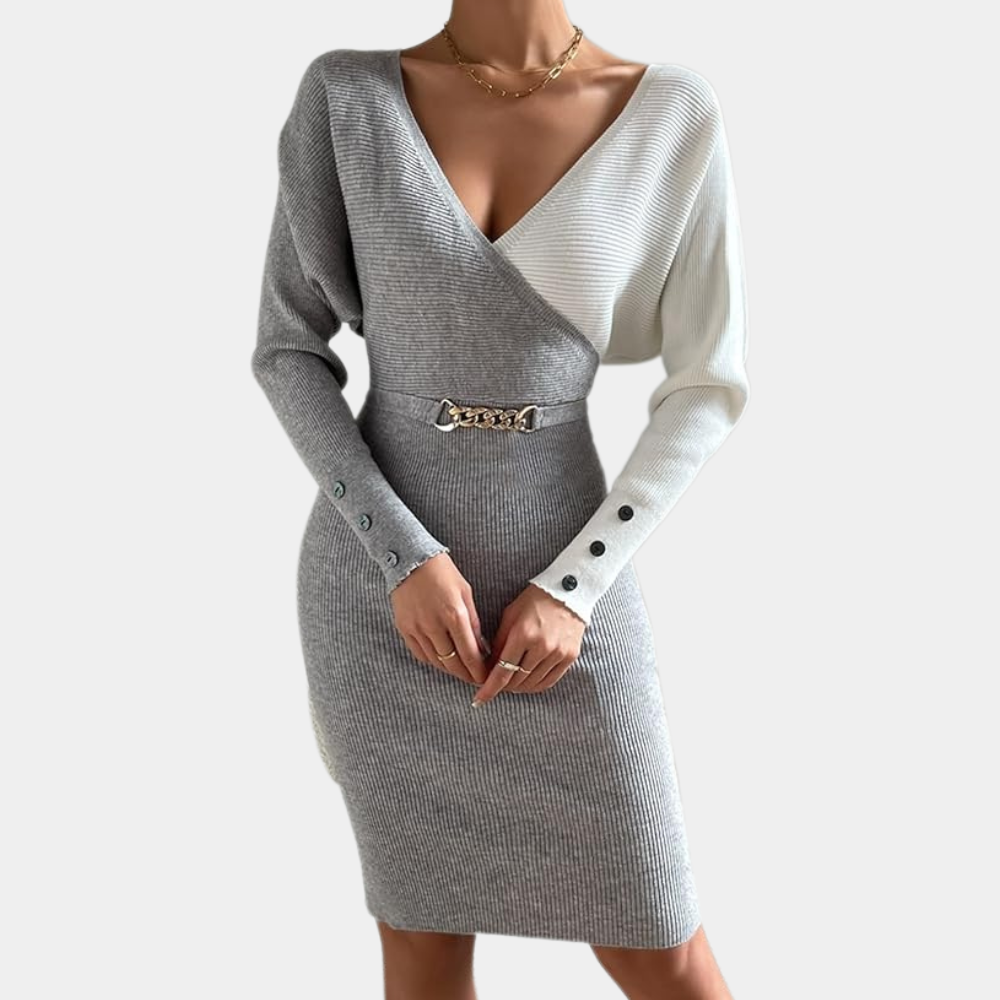 Robe Pull Femme - Coupe Près du Corps - Col V Cache-Cœur - Manches Longues Boutonnées