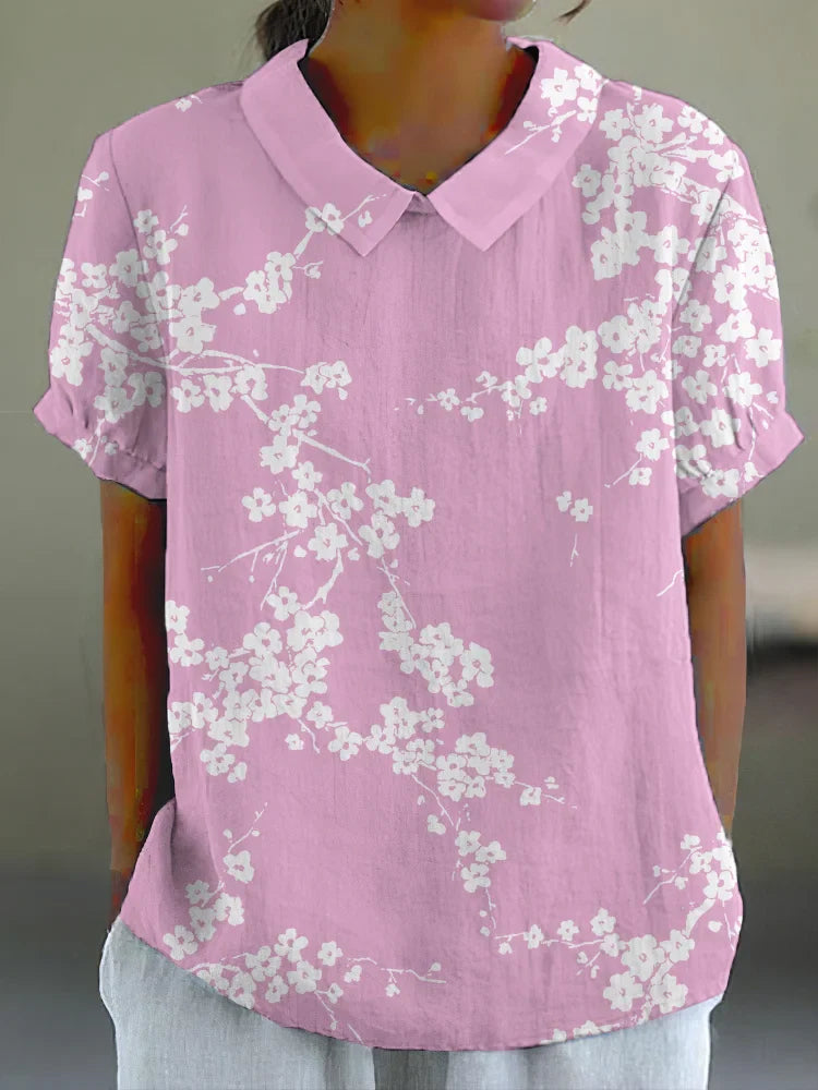 Blouse Femme - Imprimé Fleuri - Coupe Ample - Manches Courtes - Col Classique
