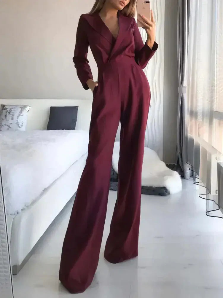 Combinaison Femme - Coupe Ajustée - Manches Longues - Décolleté V - Jambes Larges Élégantes