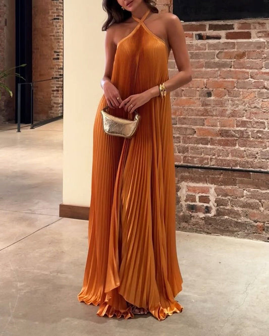 Robe Maxi Femme - Décolleté Halter Croisé - Tissu Plissé Élégant - Tenue de Soirée