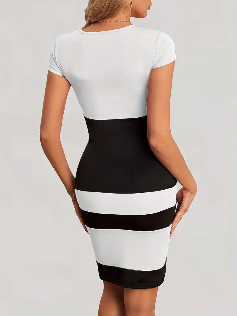 Robe Moulante Femme - Manches Courtes - Col Rond - Motif Color Block - Longueur Genou