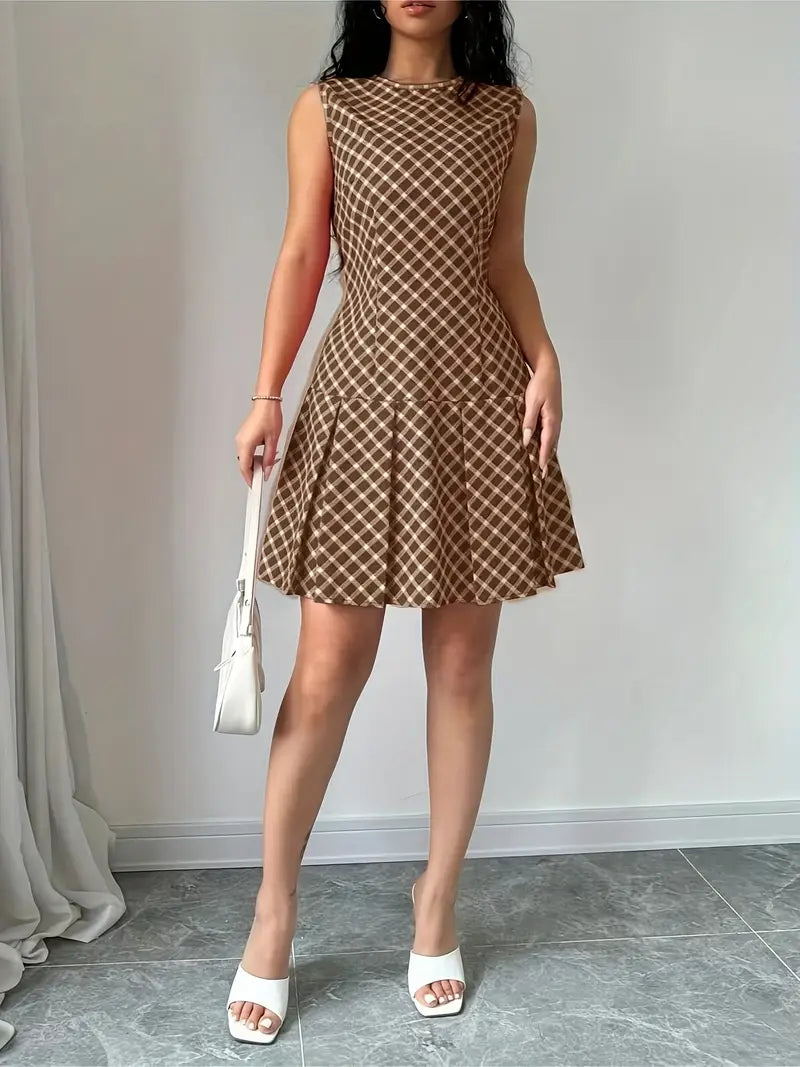 Robe Femme Sans Manches - Coupe Cintrée - Motif Carreaux - Jupe Évasée