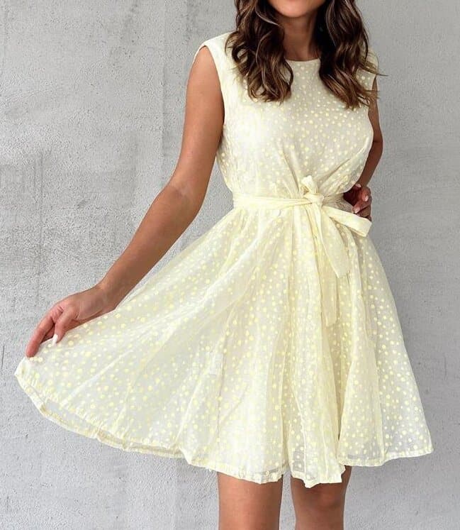 Anne - Robe à pois jaune et couleur unie avec manches ceinturées