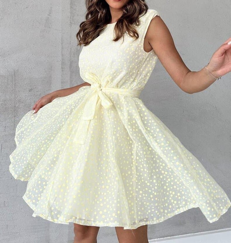 Anne - Robe à pois jaune et couleur unie avec manches ceinturées