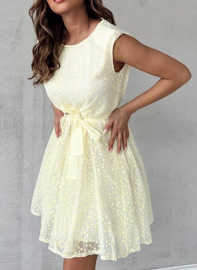Anne - Robe à pois jaune et couleur unie avec manches ceinturées