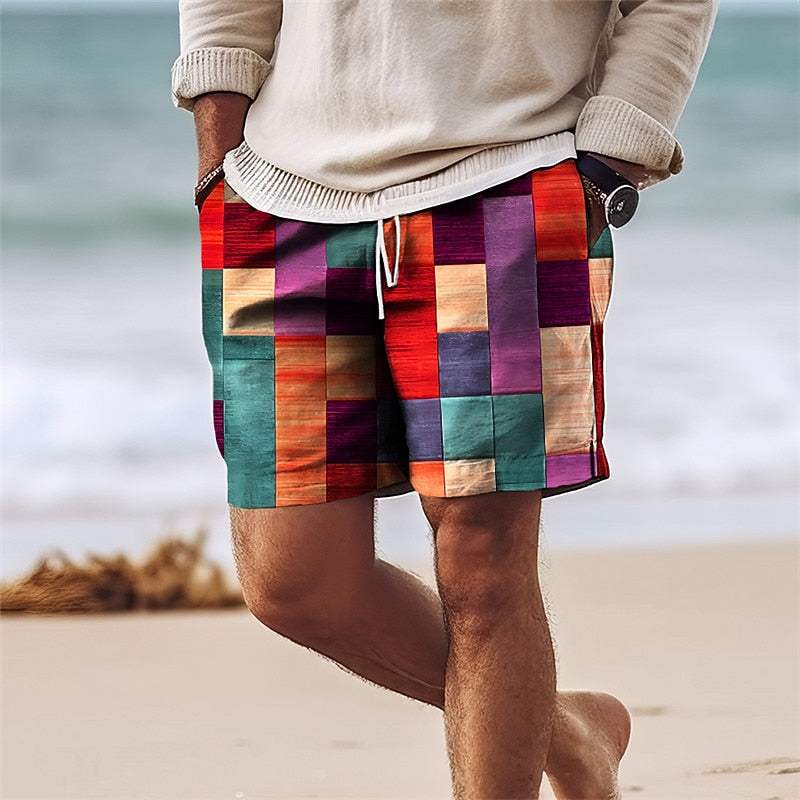 Short Homme - Coupe Décontractée - Motif Patchwork - Taille Cordon Ajustable
