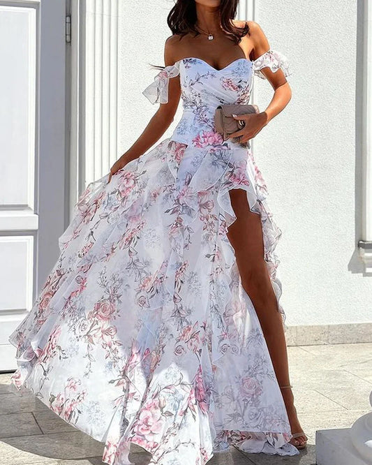 Robe longue femme – Épaules dénudées – Volants – Taille cintrée – Tissu fluide