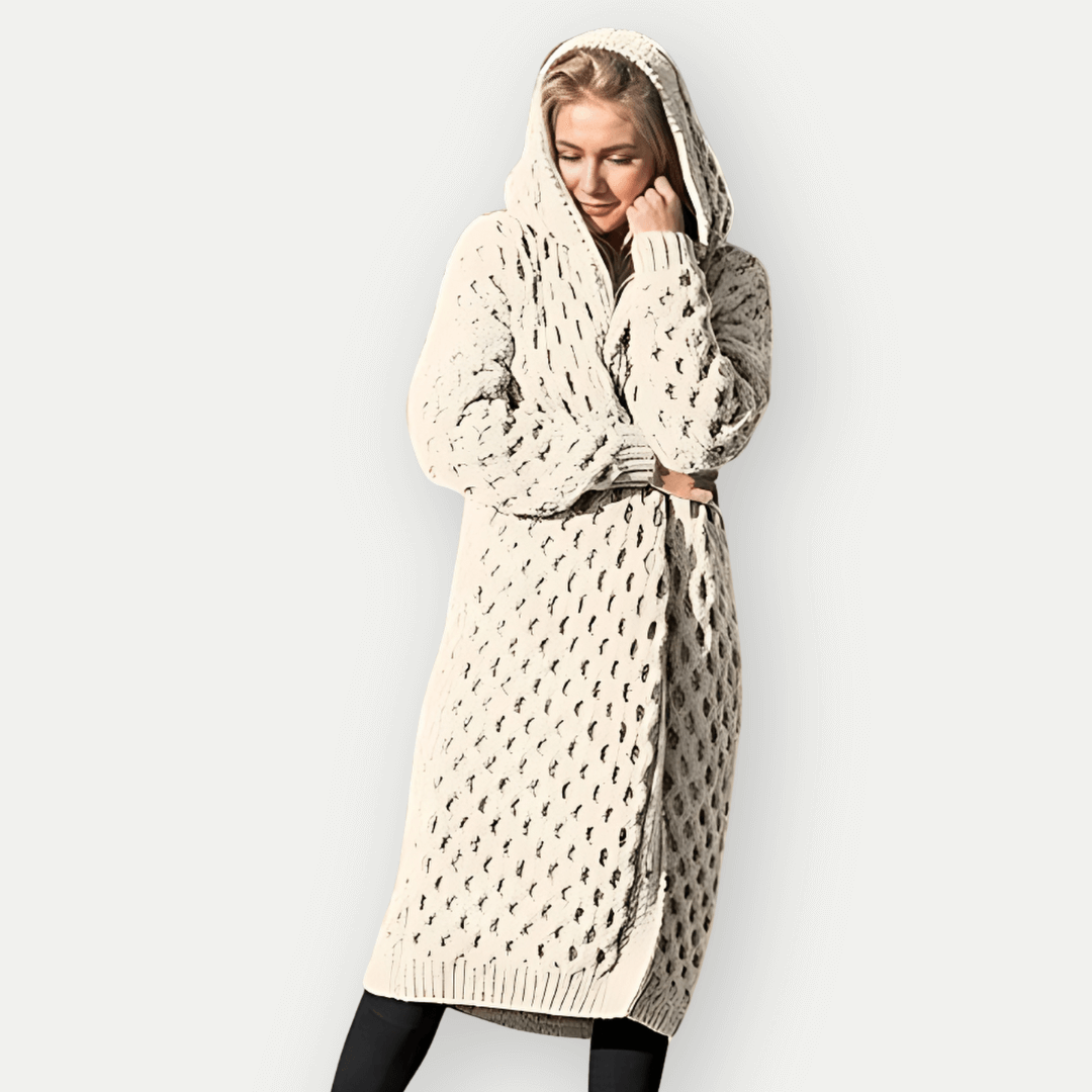 Veste longue femme à capuche – Coupe décontractée – Tricot torsadé – Ouverture frontale