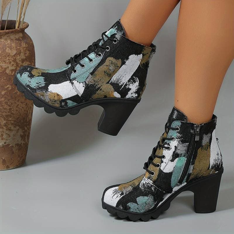 Bottines Femme - Talon Bloc - Lacets & Zip Côté - Motif Artistique Tendance
