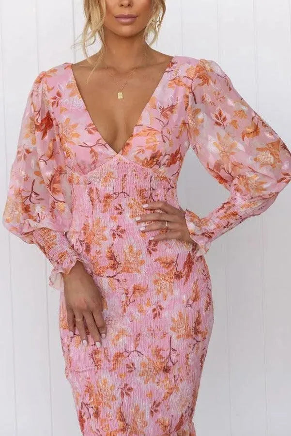 Robe Midi Femme - Imprimé Fleuri - Décolleté V Plongeant - Manches Longues Bouffantes