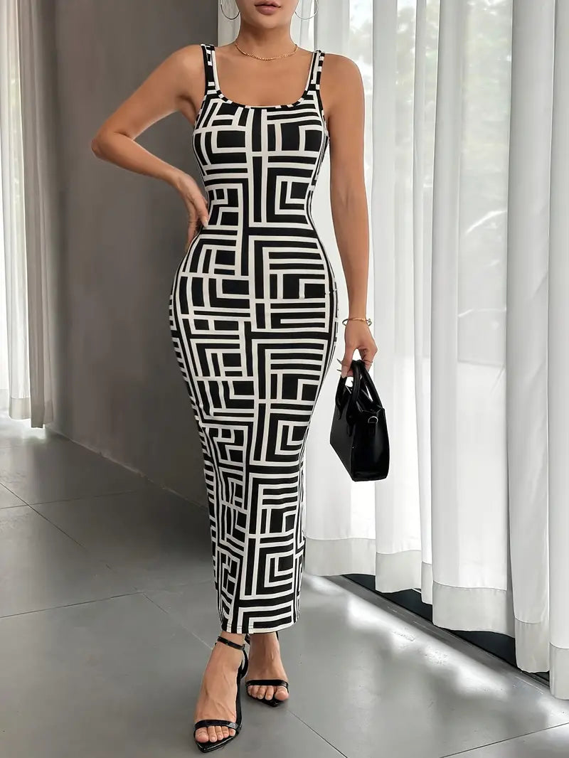 Robe Midi Femme - Coupe Ajustée - Sans Manches - Encolure Carrée - Style Moderne