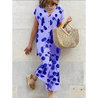 Robe Longue Femme - Fluide et Légère - Imprimé Botanique - Col V Boutonné - Manches Courtes