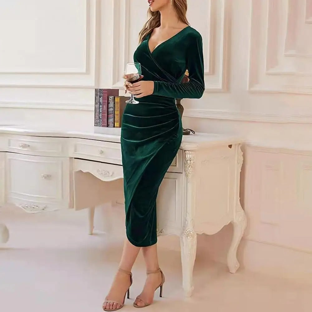 Robe Midi Femme - Velours Luxe - Coupe Ajustée - Décolleté Cache-Cœur - Manches Longues