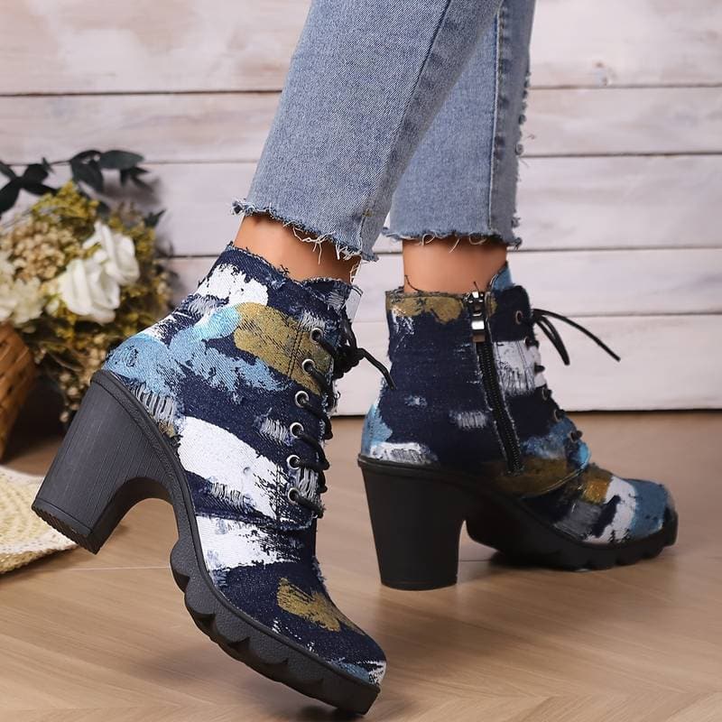 Bottines Femme - Talon Bloc - Lacets & Zip Côté - Motif Artistique Tendance