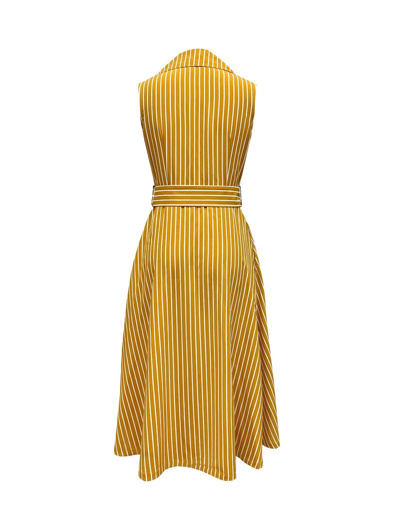 Robe Midi Sans Manches Femme - Boutons Croisés - Ceinture Taille - Coupe Évasée Élégante