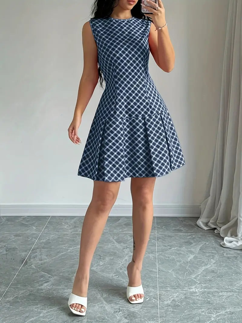 Robe Femme Sans Manches - Coupe Cintrée - Motif Carreaux - Jupe Évasée