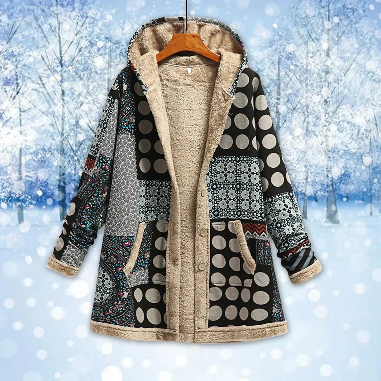 Veste longue femme – Coupe décontractée – Capuche – Design patchwork – Doublée chaude