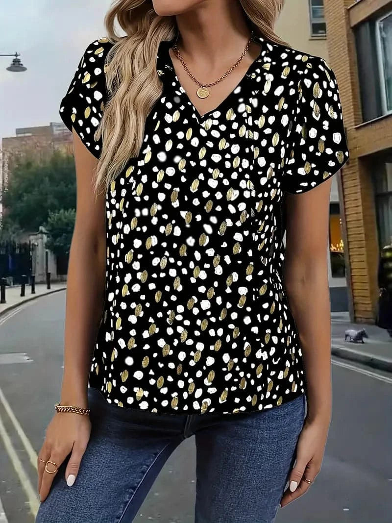 Chemisier chic à pois noirs et dorés - Élégant, ludique et polyvalent pour femme