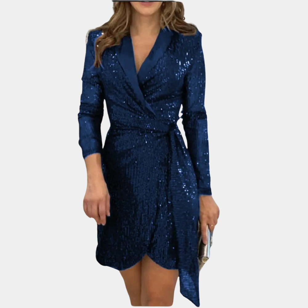 Robe Portefeuille Femme – Manches Longues – Décolleté V – Sequins Élégants – Ourlet Asymétrique