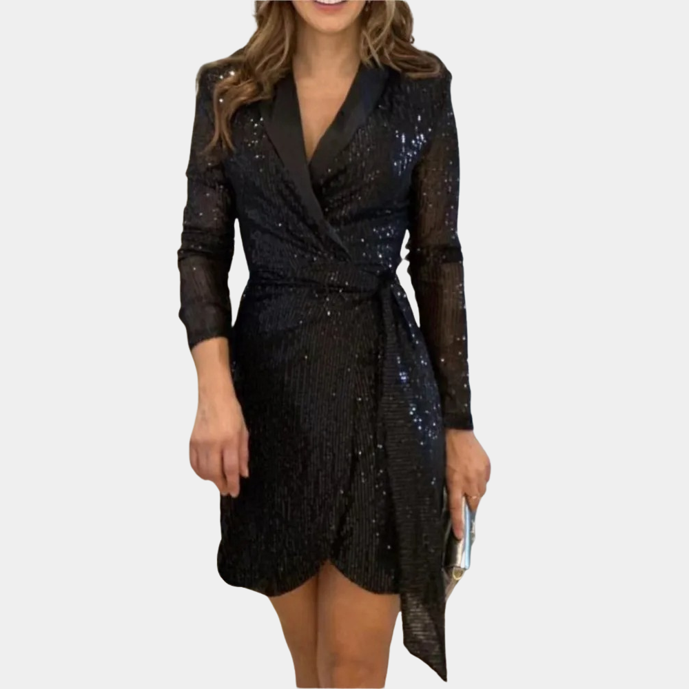 Robe Portefeuille Femme – Manches Longues – Décolleté V – Sequins Élégants – Ourlet Asymétrique