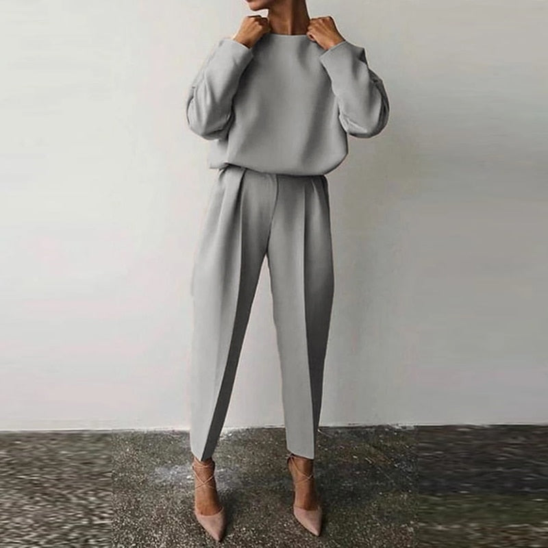 Ensemble Femme 2 Pièces – Haut Ample Manches Ballon – Pantalon Taille Haute Plissé