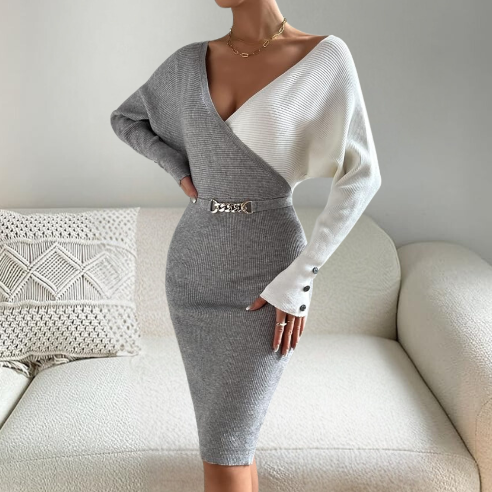 Robe Pull Femme - Coupe Près du Corps - Col V Cache-Cœur - Manches Longues Boutonnées