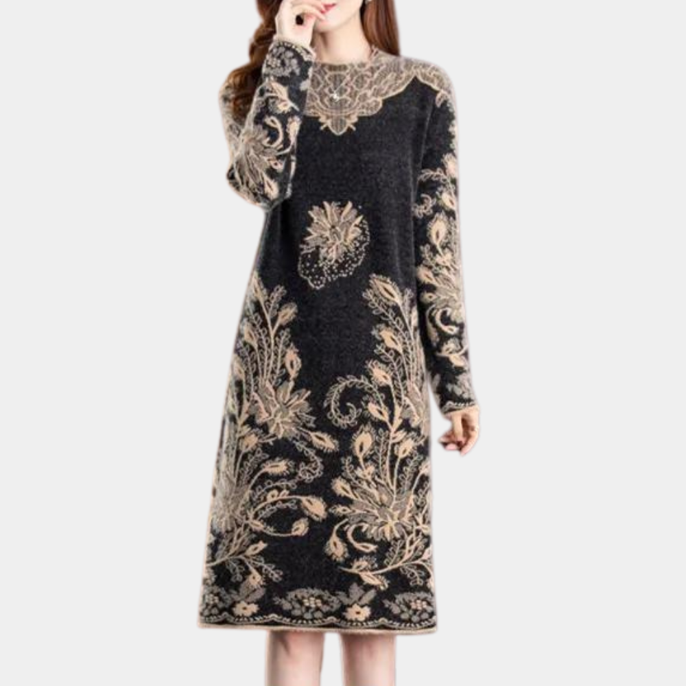 Robe Pull Femme - Coupe Mi-Longue - Manches Longues - Motifs Floraux Élégants