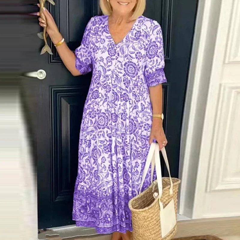 Robe bohème imprimée à col V pour femmes - Fluide et légère