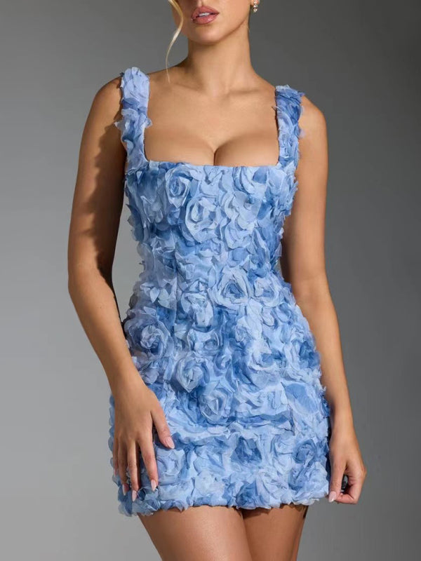 Robe Mini Femme - Coupe Ajustée - Décolleté Carré - Détails Texturés 3D Élégants