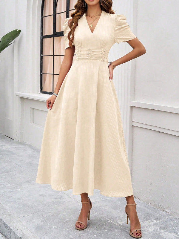 Robe Midi Femme – Décolleté V – Manches Bouffantes – Taille Cintrée – Coupe Évasée