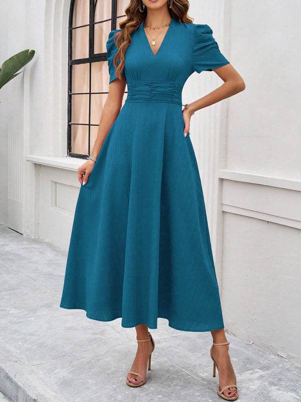 Robe Midi Femme – Décolleté V – Manches Bouffantes – Taille Cintrée – Coupe Évasée