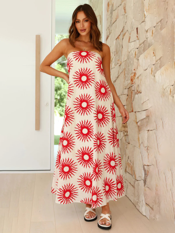Robe Longue Femme - Sans Bretelles - Coupe Fluide - Motif Graphique Estival