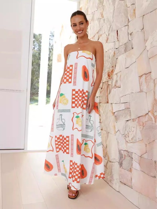 Robe Longue Femme - Sans Bretelles - Coupe Fluide - Motif Graphique Estival