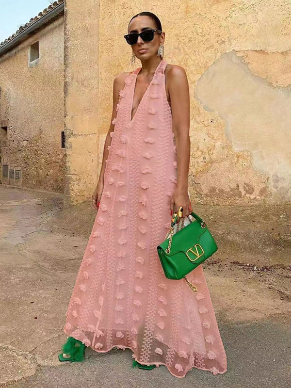 Robe Maxi Femme - Décolleté V - Sans Manches - Tissu Léger - Détails Texturés Élégants