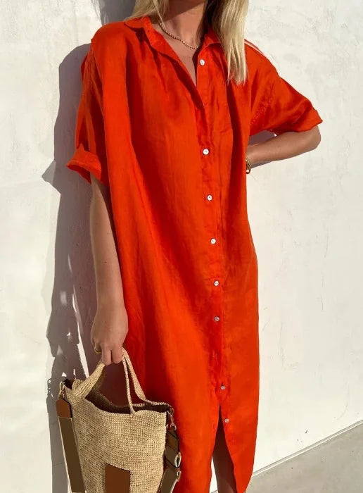 Robe chemise femme – Coupe décontractée – Fibres naturelles – Boutonnée – Longueur midi