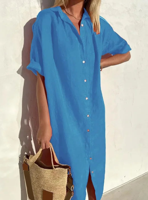 Robe chemise femme – Coupe décontractée – Fibres naturelles – Boutonnée – Longueur midi
