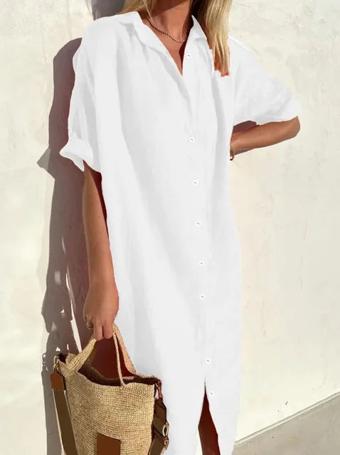 Robe chemise femme – Coupe décontractée – Fibres naturelles – Boutonnée – Longueur midi