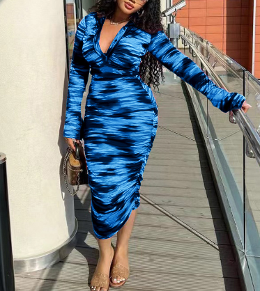 Robe Femme Cintrée - Manches Longues - Col V avec Col Chemise - Motif Abstrait Midi