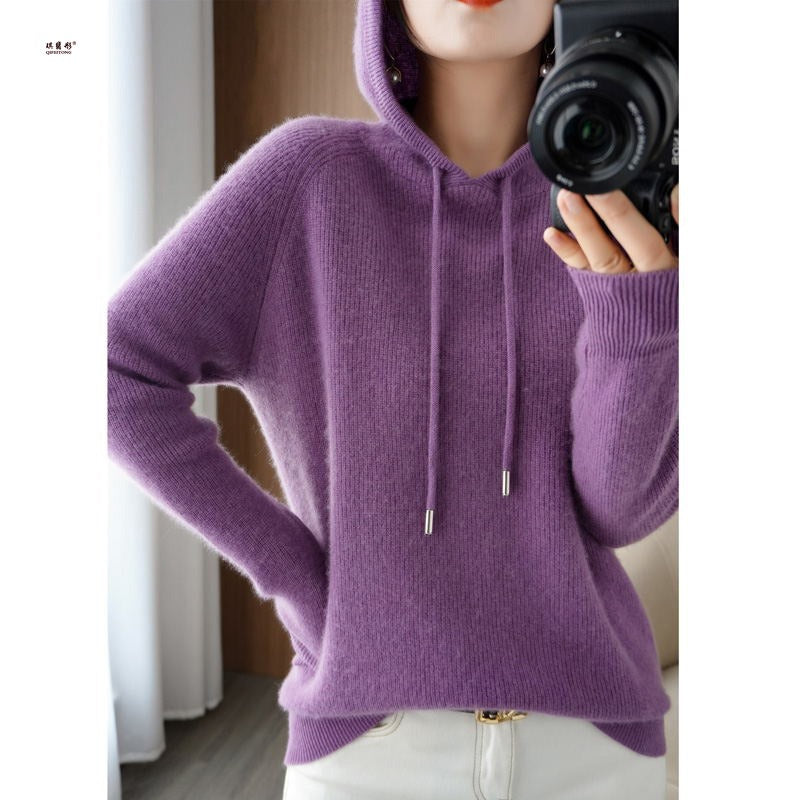 Femme Sweat à Capuche - Maille Fine Côtelée - Coupe Décontractée - Manches Longues