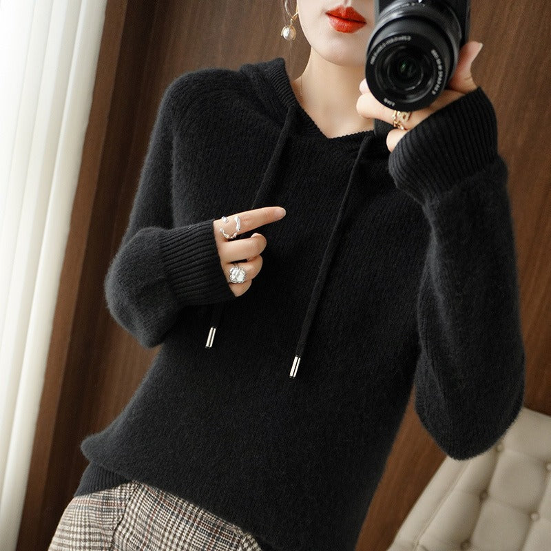 Femme Sweat à Capuche - Maille Fine Côtelée - Coupe Décontractée - Manches Longues