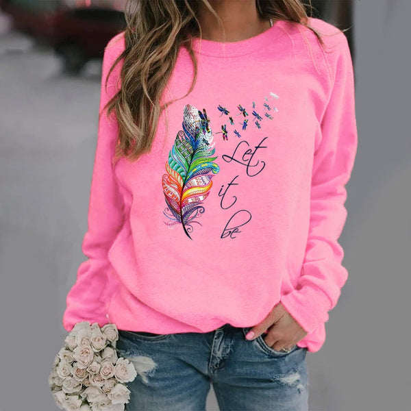 Sweatshirt femme – Coupe décontractée – Imprimé plume – Col rond – Manches longues